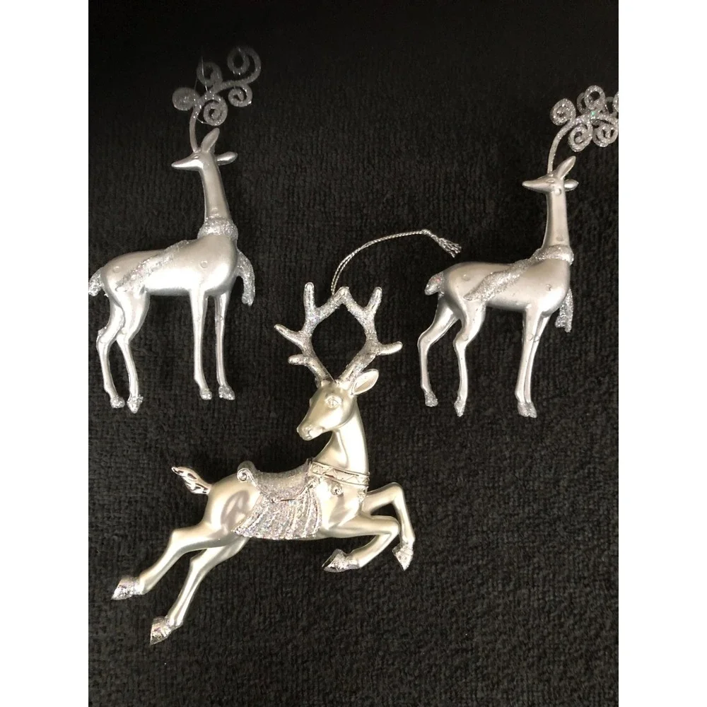 3 ~ Silver Cast Metal Reindeer Ornaments Leaping Prancing Fine Glitter READ